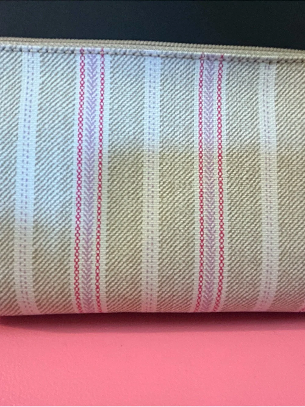 Coach Beige Stripe Wristlet with Pink Accents